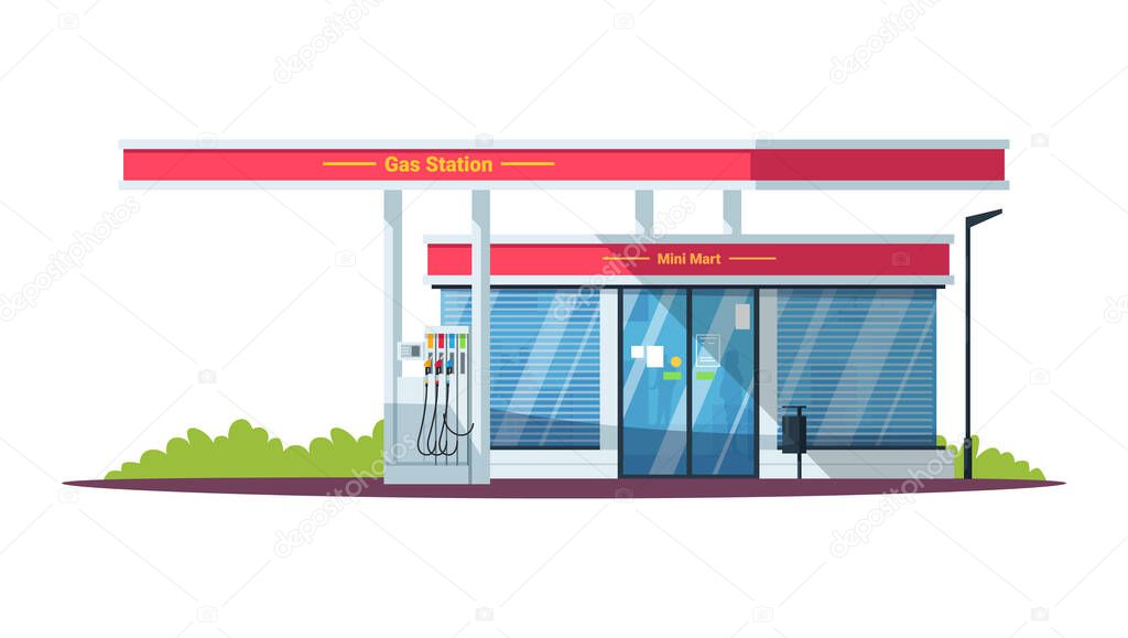 Gas filling station with mini mart semi flat RGB color vector illustration. Diesel, gasoline, gas fuel. Self servicing. Convenience store. Isolated cartoon objects on white background