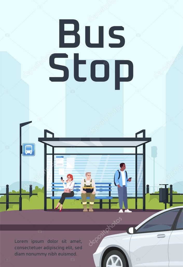 Bus stop poster template. Commercial flyer design with semi flat illustration. Vector cartoon promo card. Urban public transport station, shelter with cityscape advertising invitation