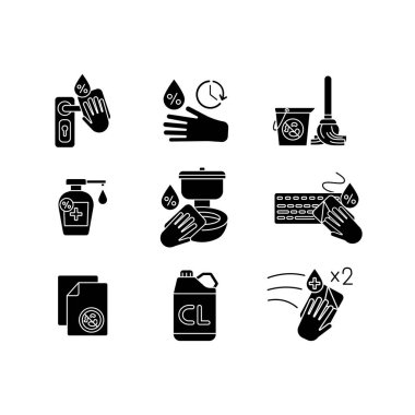 Temizlik malzemeleri siyah kabartma sembolleri beyaz alana dizilmiş. Antibakteriyel mendiller ve dezenfektanlar. Ev içi dezenfeksiyon, ev temizliği siluetleri. Karantina hijyen kurallarıdır. Vektör izole çizimleri