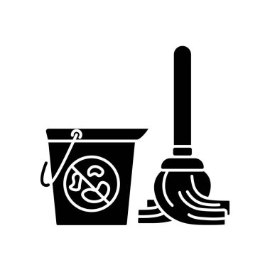 Yer paspaslama siyah kabartma simgesi. Oda dezenfeksiyonu, beyaz alanda ev temizliği sembolü. Ev işleri, ev işleri. Antibakteriyel deterjan vektörü izole edilmiş paspas ve kova