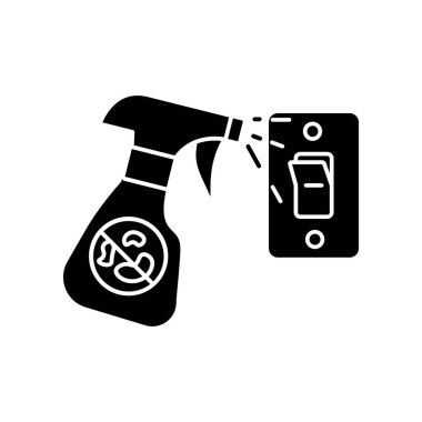 Işık dezenfekte siyah simge simgesini değiştiriyor. Yüzey temizliği, oda temizliği silueti, beyaz alan sembolü. Işık anahtarı ve antibakteriyel dezenfektan sprey şişe vektörü izole edilmiş illüstrasyon