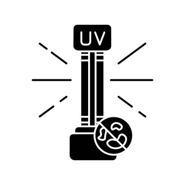 Ultraviyole ışığı dezenfekte siyah kabartma simgesi. Beyaz uzayda ultraviyole mikrop öldürücü radyasyon silueti sembolü. Yüzey temizliği, tıbbi arındırma prosedürü. UV lambası vektörü izole edildi