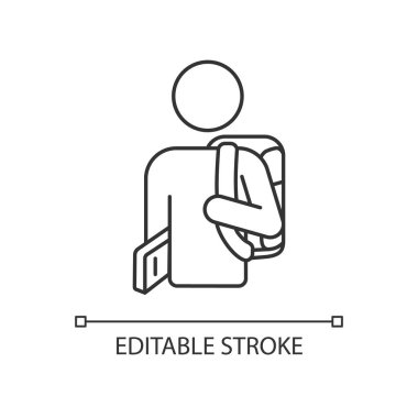Birinci sınıf pikseli mükemmel doğrusal simge. Dokuzuncu sınıf öğrencisi. Sırt çantalı lise öğrencisi. İnce çizgi özelleştirilebilir illüstrasyon. Contour sembolü. Vektör izole çizim. Düzenlenebilir vuruş