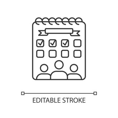 Kampüs olayları pikseli mükemmel doğrusal simge. Öğrenci eğlencesi. Kampüs hayatı. Planlayıcı ve takvim. İnce çizgi özelleştirilebilir illüstrasyon. Contour sembolü. Vektör izole çizim. Düzenlenebilir vuruş