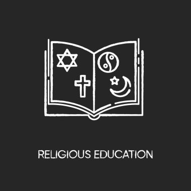Dini eğitim siyah arka planda beyaz tebeşir ikonu. Musevilik, Hristiyanlık, taoizm ve İslam işaretleriyle dolu bir kitap. İlahiyat dersi. Din okuyorum. İzole edilmiş vektör karatahta çizimi