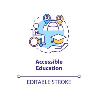 Erişilebilir eğitim konsepti ikonu. Erişilebilirlik fikri ince çizgi çizimi. Mesafe öğrenme. Engelli öğrenciler. Vektör izole edilmiş RGB renk çizimi. Düzenlenebilir vuruş