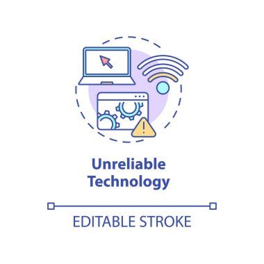 Güvenilmez teknoloji konsepti ikonu. Eğitim teknolojileri. Uzaktan öğrenmenin dezavantajları ince çizgi çizimi fikri. Serbest bir iş. Vektör izole edilmiş RGB renk çizimi. Düzenlenebilir vuruş