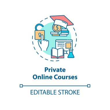 Özel online kurslar konsept simgesi. Mesafe öğrenme. Kişisel kazanç. Uzaktan eğitim fikri ince çizgi çizimi. Vektör izole edilmiş RGB renk çizimi. Düzenlenebilir vuruş