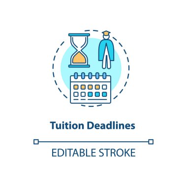 Okul bitiş tarihi konsepti ikonu. Üniversite ücretleri. Mesafe öğrenme. Mezuniyet maliyeti. Ödeme takvimi fikri ince çizgi çizimi. Vektör izole edilmiş RGB renk çizimi. Düzenlenebilir vuruş