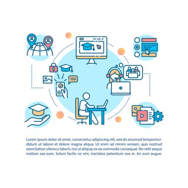 Metinli uzaktan eğitim konsepti simgesi. E öğreniyor. Evde eğitim. Online derece. PPT sayfa vektör şablonu. Broşür, dergi, kitapçık tasarım ögesi doğrusal çizimler