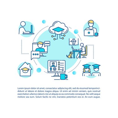 Metinli uzaklık öğrenme konsepti simgesi. Uzak sınıflar. Web konferansı. Kendi kendine eğitim. PPT sayfa vektör şablonu. Broşür, dergi, kitapçık tasarım ögesi doğrusal çizimler