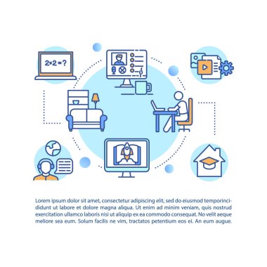 Metinli uzaktan eğitim konsepti simgesi. Yemek yemek. Evde eğitim. Online dersler. Ev okulunda. PPT sayfa vektör şablonu. Broşür, dergi, kitapçık tasarım ögesi doğrusal çizimler