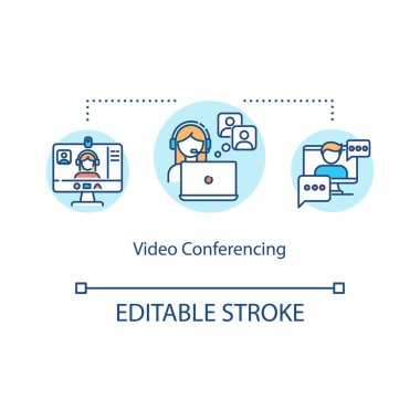 Video konferans konsepti ikonu. Giyinik. Çevrimiçi dersler. Ekran paylaşımı. Telekomünikasyon fikri ince çizgi çizimi. Vektör izole edilmiş RGB renk çizimi. Düzenlenebilir vuruş