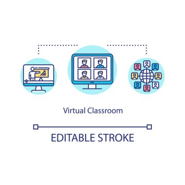 Sanal sınıf konsept simgesi. Yemek yemek. Web konferansı. Uzaktan eğitim. Çevrimiçi öğrenim ortamı fikri ince çizgi çizimi. Vektör izole edilmiş RGB renk çizimi. Düzenlenebilir vuruş