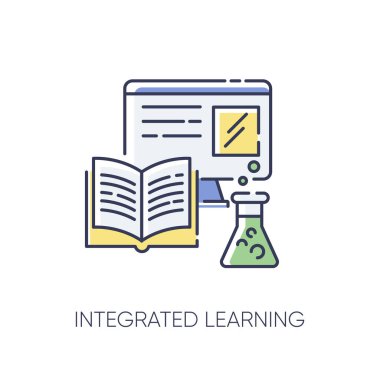 Bütünleşik öğrenme RGB renk simgesi. Pratik eğitim, gösteri dersleri. Okul kitabı, bilgisayar ve laboratuvar ekipmanları izole edilmiş vektör illüstrasyonu