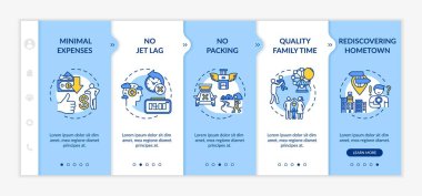 Konaklamanın avantajları vektör şablonunda. Minimum harcamalar ve paketleme yok. Memleketi yeniden keşfediyorum. Simgeli ilgili mobil web sitesi. Web sayfası basamak ekranları. RGB renk kavramı