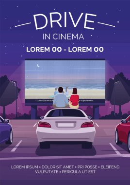 Sinema afiş şablonunu kullan. Film galası. Halka açık. Yarı düz resimli ticari broşür tasarımı. Vektör karikatür tanıtım kartı. Açık hava filmi reklam davetiyesi izliyor