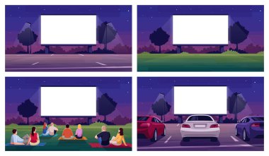 Açık hava sineması yarı düz vektör çizimi seti. Film projeksiyonu için büyük boş ekran. Otoparkta. Kalabalık film izleyecek. Ticari kullanım koleksiyonu için şehir film festivali 2D karikatür manzarası