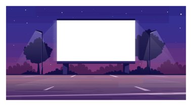 Sinema ekranı yarı düz vektör illüstrasyonunda sür. Dışarıda film galası için boş park yeri var. Halka açık bir yer. Hafta sonu eğlencesi. Açık hava film gecesi 2D karikatür sahnesi ticari kullanım için