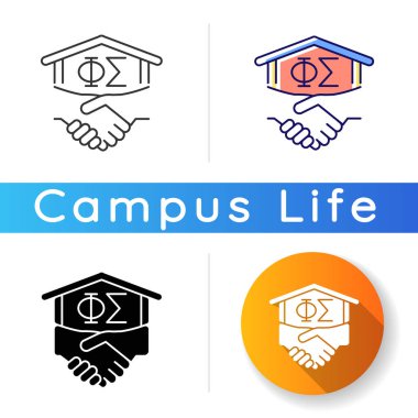 Kardeşlik ikonu. Üniversitedeki kardeşlik örgütü. Erkekler kulübü, dernek. Üniversite dernekleri. Öğrenci aktiviteleri. Lineer siyah ve RGB renk stilleri. İzole vektör çizimleri