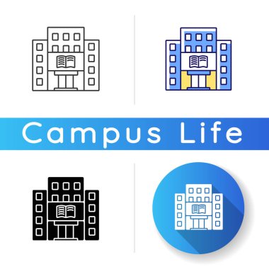 Kütüphane simgesi. Üniversite, üniversite kütüphanesi. Kitapçı. Öğrenci hayatı. Eğitim binası cephesi. Mimarlık. Arşivler. Lineer siyah ve RGB renk stilleri. İzole vektör çizimleri