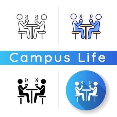 Yemek salonu ikonu. Okul kafeteryası. Üniversite kantini. Öğrenciler yemek yiyor. İnsanlar sıcak içecekler içiyor. Lineer siyah ve RGB renk stilleri. İzole vektör çizimleri