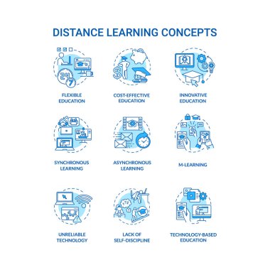 Uzaklık öğrenme konsepti simgeleri ayarlandı. Senkronize ve zamansız öğrenme. Güvenilmez teknoloji. Uzaktan eğitim fikri ince çizgi RGB renk çizimleri. Vektör izole çizimleri