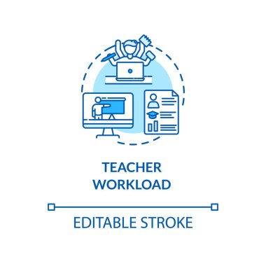 Öğretmenlerin iş yükü konsepti simgesi. Yemek yemek. Çoklu görev. Uzaktan öğrenme. Mesafe dersi fikri ince çizgi çizimi. Vektör izole edilmiş RGB renk çizimi. Düzenlenebilir vuruş