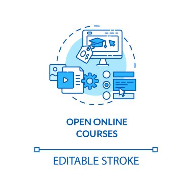 Çevrimiçi kursların konsept simgesini aç. Mesafe öğrenme. Büyük ücretsiz dersler. İnternet eğitim platformları ince çizgiler çiziyor. Vektör izole edilmiş RGB renk çizimi. Düzenlenebilir vuruş
