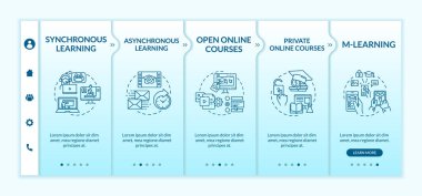 Uzaklık öğrenme türleri vektör şablonunda. Senkronize ve zamansız öğrenme. Simgeli ilgili mobil web sitesi. Web sayfası basamak ekranları. RGB renk kavramı
