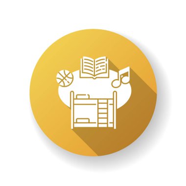 Yatılı okulda sarı düz dizayn, uzun gölge sembolü. Ders dışı aktiviteleri ve öğrencilere kalacak yeri olan bir eğitim kurumu. Üniversite yurdu. Siluet RGB renk çizimi