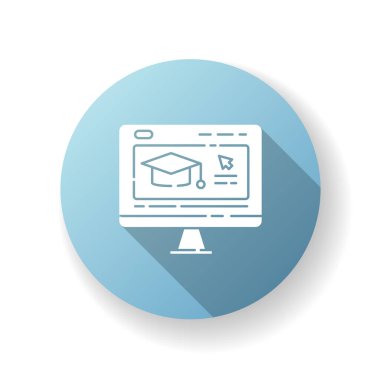 Çevrimiçi eğitim mavi düz tasarım uzun gölge sembolü. İnternet okulu, e-öğrenim. Uzaktan eğitim, evde eğitim. Uzak eğitim kursları, webinarlar. Siluet RGB renk çizimi