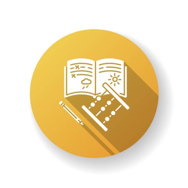 İlkokul sarı düz tasarım uzun gölge sembolü. Temel eğitim, temel bilgi. Birinci sınıf öğrencisi ekipmanı. Fotokopi defteri, kalem ve abaküs silueti RGB renk çizimi