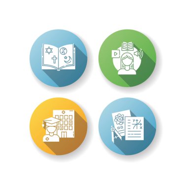 Bilgi edinme düz tasarım uzun gölge simgeleri seti. Dini öğretmenlik, kişisel eğitim, tıp fakültesi ve lise dersleri. Akademik öğrenim. Siluet RGB renk çizimleri