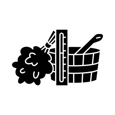 Sauna aksesuarları siyah kabartma simgesi. Hamam gevşemesi, beyaz uzayda buhar terapisi silueti sembolü. Banya özellikleri. Termometre, süpürge, su kovası ve kaşık vektörü izole edilmiş resimleme