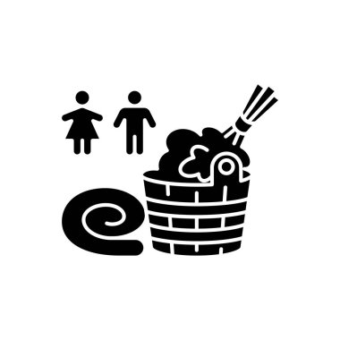 Karışık seks saunası siyah kabartma simgesi. Beyaz uzayda kadınlar ve erkekler için hamam sembolü. Cinsiyet kısıtlaması olmayan buhar banyosu. İnsanlar, su kovası ve süpürge vektörü izole edilmiş illüstrasyon
