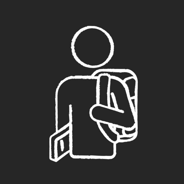Freshman chalk white icon on black background. Ninth grade student. High school pupil with rucksack. University undergraduates. International student. Isolated vector chalkboard illustration
