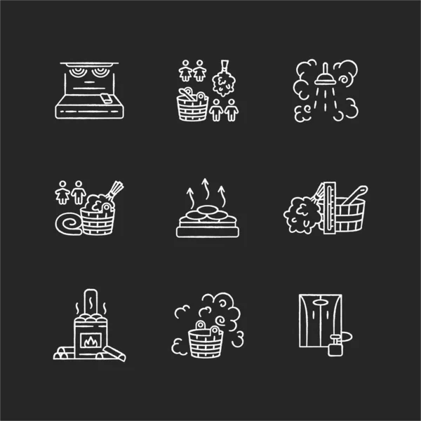 Steam Treatment Chalk White Icons Set Black Background Finnish Russian — Stock Photo, Image