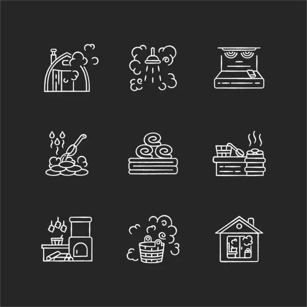 Bathhouse chalk white icons set on black background. Finnish sauna, russian steam bath. Healthy recreation, relaxing pastime. Spa treatment, heat therapy. Isolated vector chalkboard illustrations