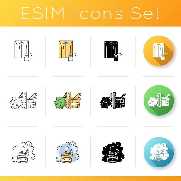 Bathhouse icons set. Linear, black and RGB color styles. Outdoor steam bath, portable sauna and bathhouse accessories. Healthy recreation, relaxing pastime. Heat therapy. Isolated vector illustrations