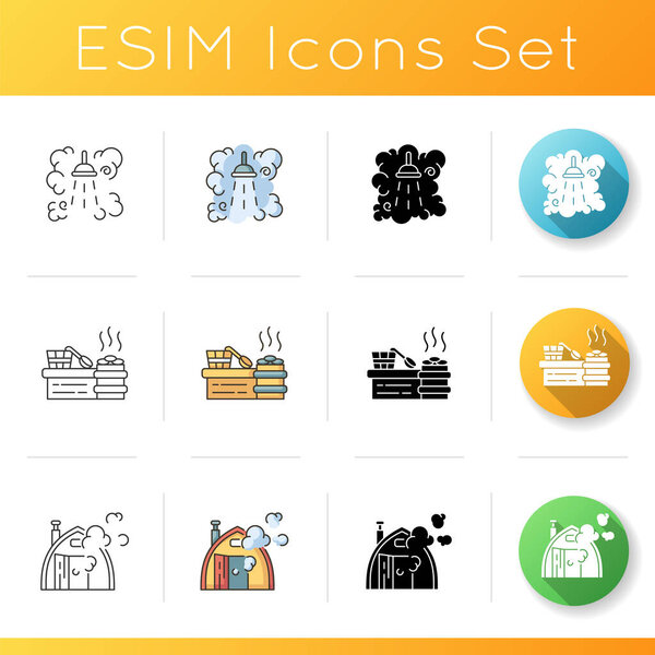 Bathhouse types icons set. Linear, black and RGB color styles. Steam shower, vaporarium and traditional finnish sauna. Banya recreation, heat therapy. Isolated vector illustrations