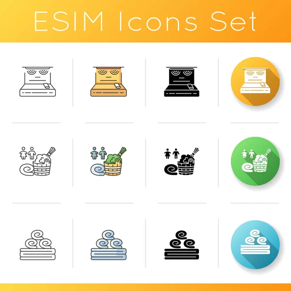 Steam treatment icons set. Linear, black and RGB color styles. Finnish and russian sauna culture, healthy lifestyle. Infrared sauna, mixed sex bathhouse and towels. Isolated vector illustrations
