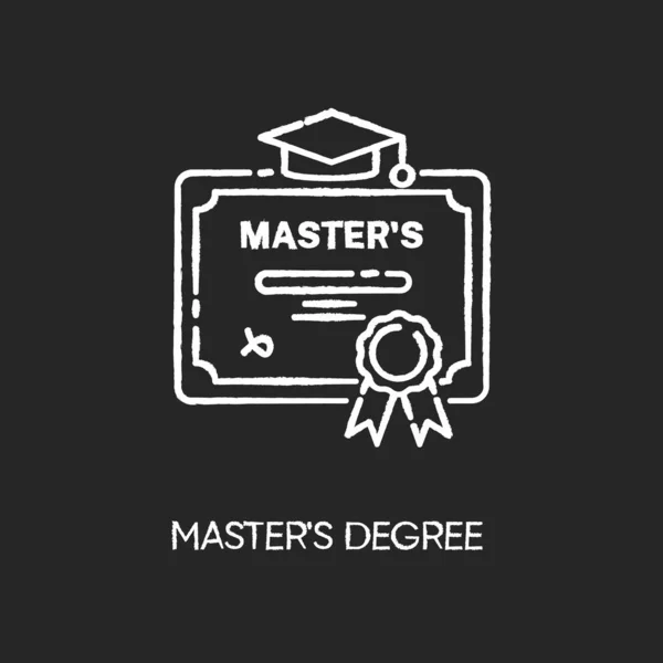 Masters degree chalk white icon on black background. University accomplishment, college graduation. Higher education. Graduation certificate with mortar board Isolated vector chalkboard illustration
