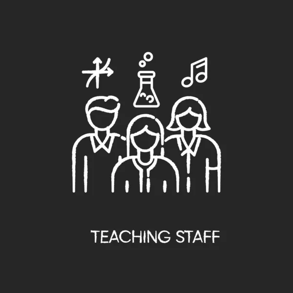 Teaching staff chalk white icon on black background. Educational institution personnel, professional tutors. Mathematics, chemistry and music teachers. Isolated vector chalkboard illustration