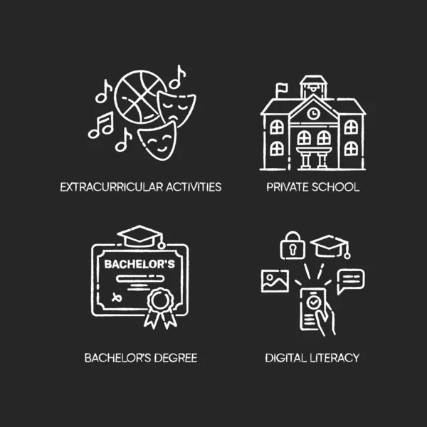 Public school education chalk white icons set on black background. Extracurricular activities, bachelor degree and digital literacy. Diploma and e learning. Isolated vector chalkboard illustrations