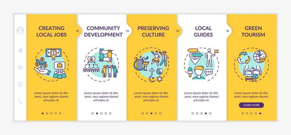 Преимущества местного туризма на борту векторного шаблона. Создание местных рабочих мест. Сохранение культуры. Отзывчивый мобильный сайт с иконками. Экраны шаговой доступности веб-страниц. Цветовая концепция RGB