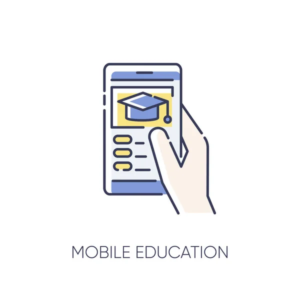 Mobile education RGB color icon. Remote internet school, online training classes. E learning, BYOD policy. Student holding smartphone isolated vector illustration