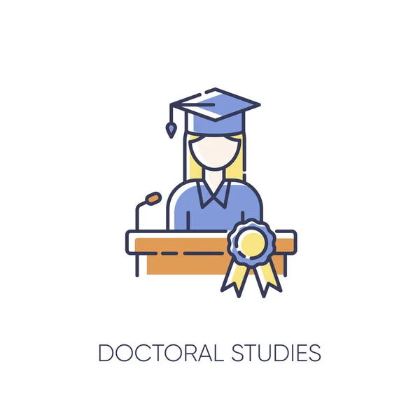 Doctoral studies RGB color icon. University graduation, academic achievement. Obtaining doctors degree. PhD student, successful graduate isolated vector illustration