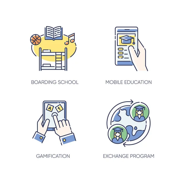 Modern learning opportunities RGB color icons set. Boarding school, mobile education, gamification and student exchange program. Isolated vector illustrations