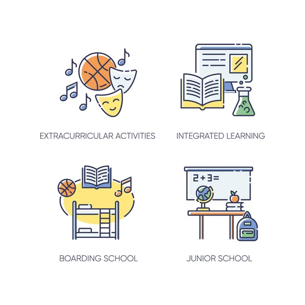 Primary education RGB color icons set. Junior school with extracurricular activities and integrated learning. Private boarding school. Isolated vector illustrations